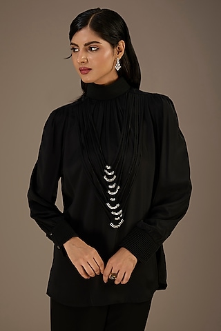 Black Georgette Metallic Ring Top by Rohit Gandhi & Rahul Khanna