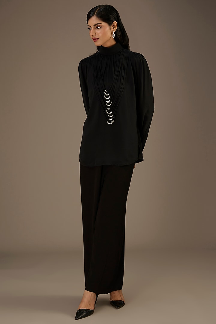Black Georgette Metallic Ring Top by Rohit Gandhi & Rahul Khanna at Pernia's Pop Up Shop