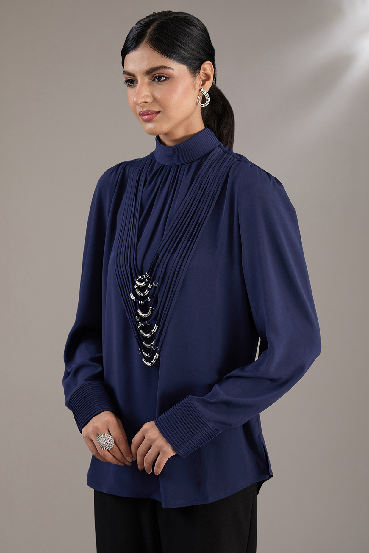 Navy Blue Georgette Embellished Top by Rohit Gandhi & Rahul Khanna