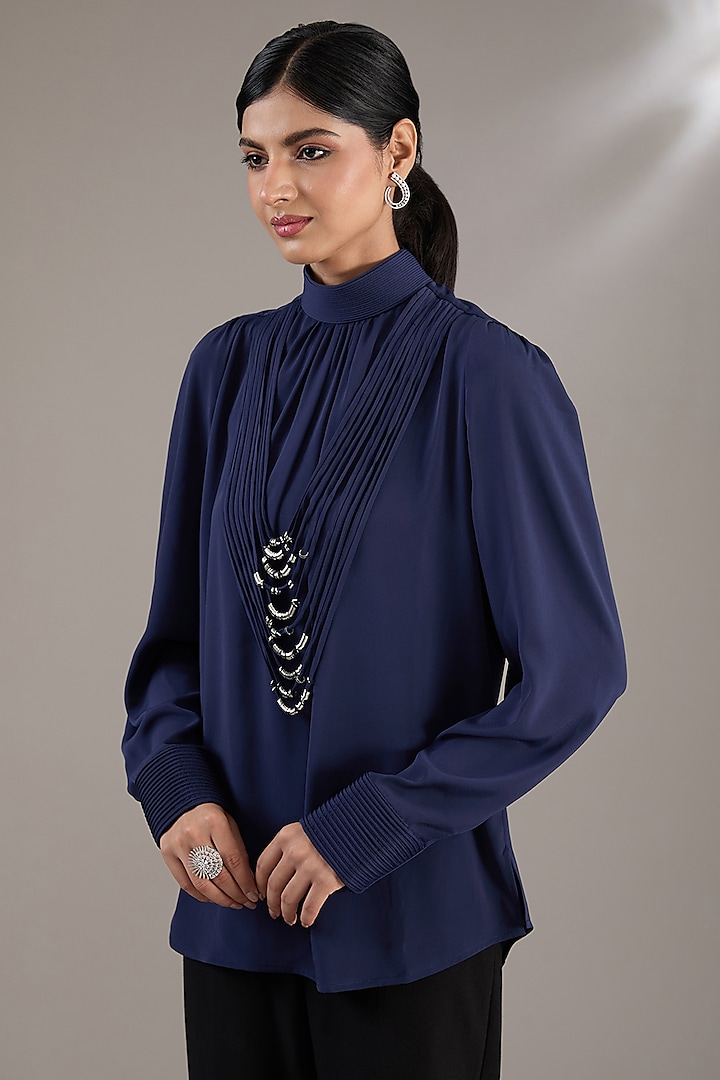 Navy Blue Georgette Embellished Top by Rohit Gandhi & Rahul Khanna at Pernia's Pop Up Shop