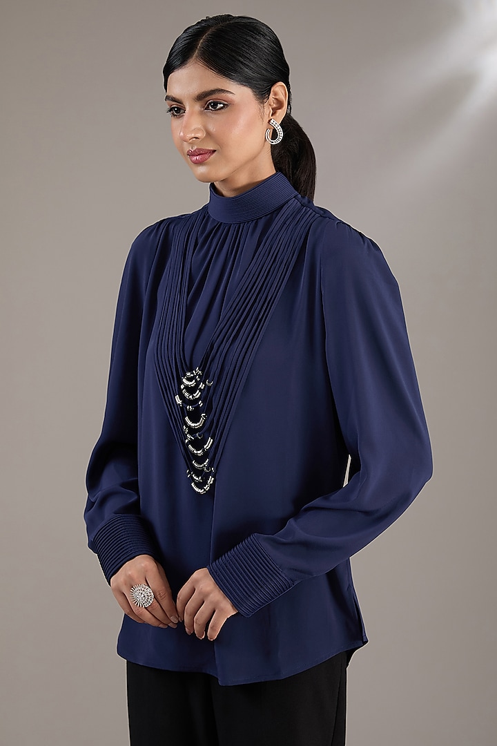 Navy Blue Georgette Embellished Top by Rohit Gandhi & Rahul Khanna