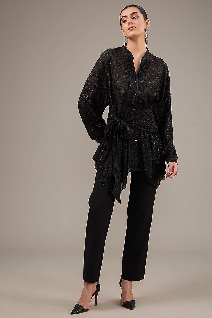 Black Georgette Draped Top by Rohit Gandhi & Rahul Khanna at Pernia's Pop Up Shop