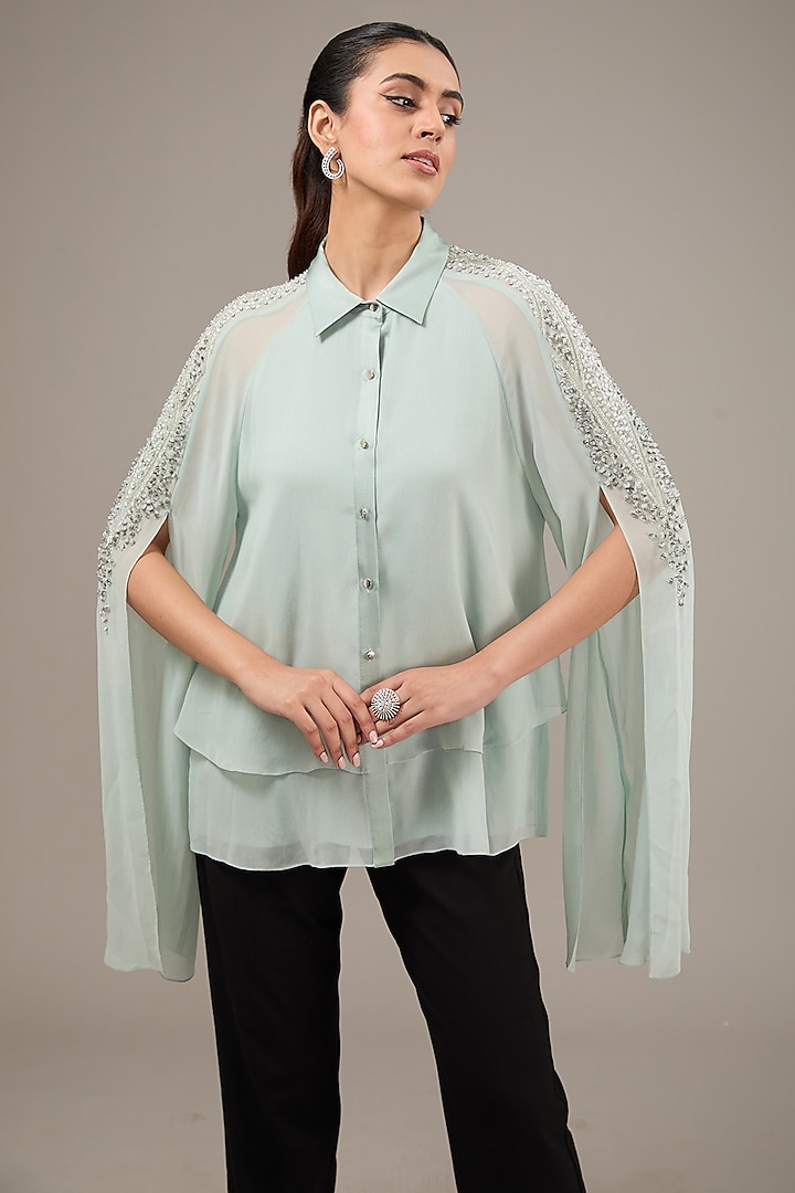 Aqua Poly Georgette Sequins Embellished Top by Rohit Gandhi & Rahul Khanna