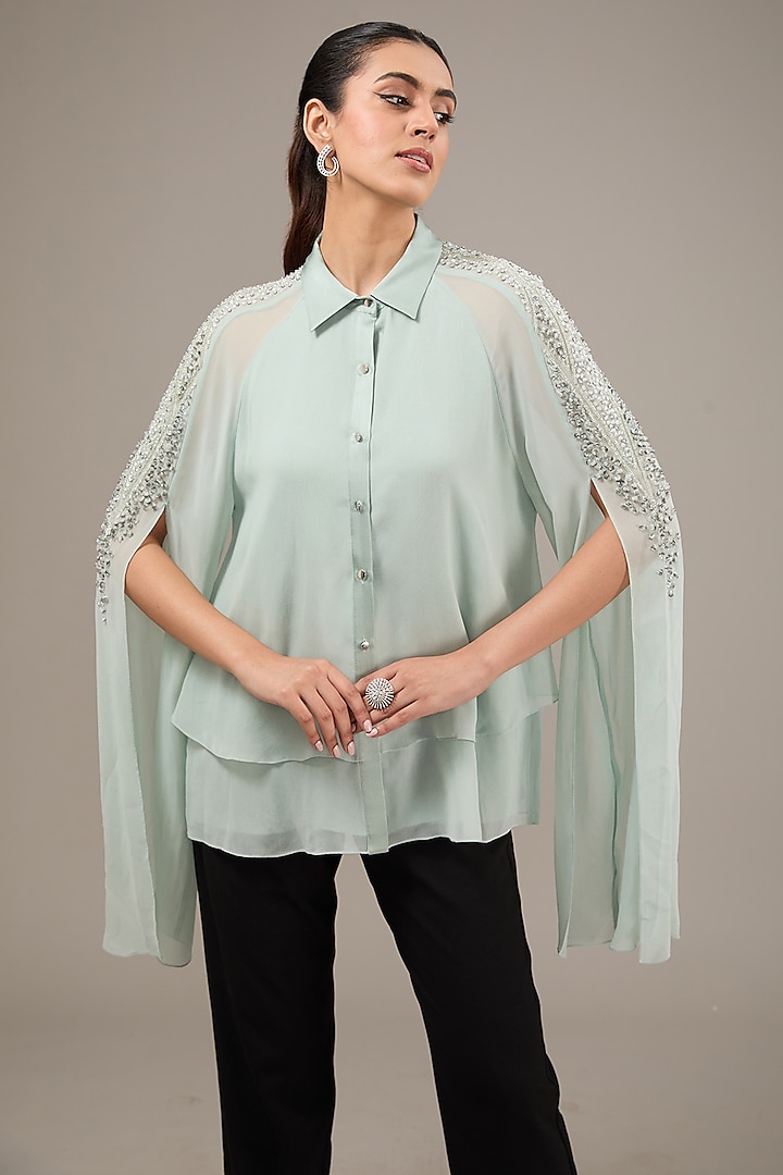 Aqua Poly Georgette Sequins Embellished Top by Rohit Gandhi & Rahul Khanna at Pernia's Pop Up Shop