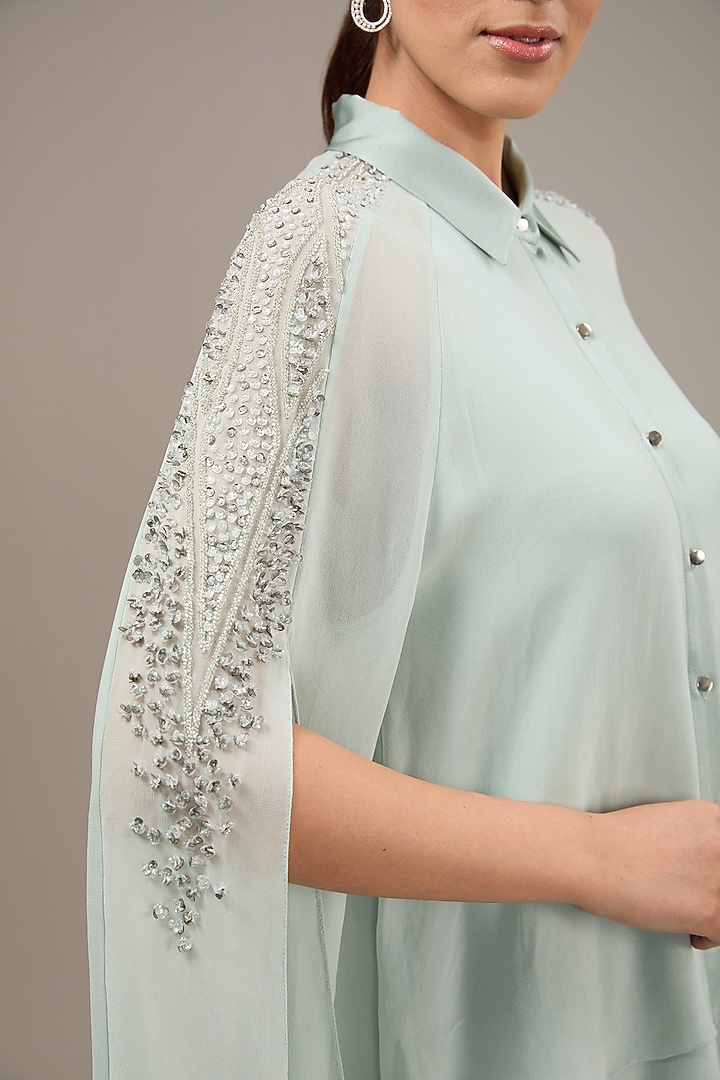 Aqua Poly Georgette Sequins Embellished Top by Rohit Gandhi & Rahul Khanna at Pernia's Pop Up Shop