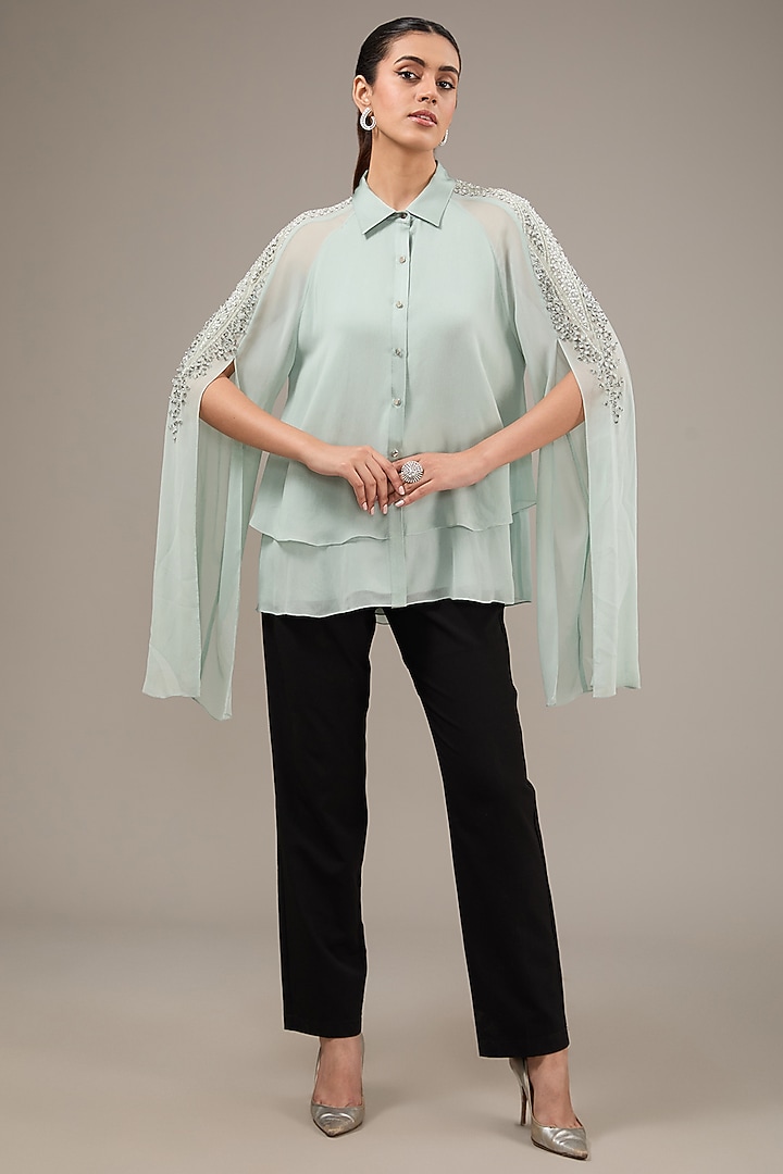 Aqua Poly Georgette Sequins Embellished Top by Rohit Gandhi & Rahul Khanna at Pernia's Pop Up Shop