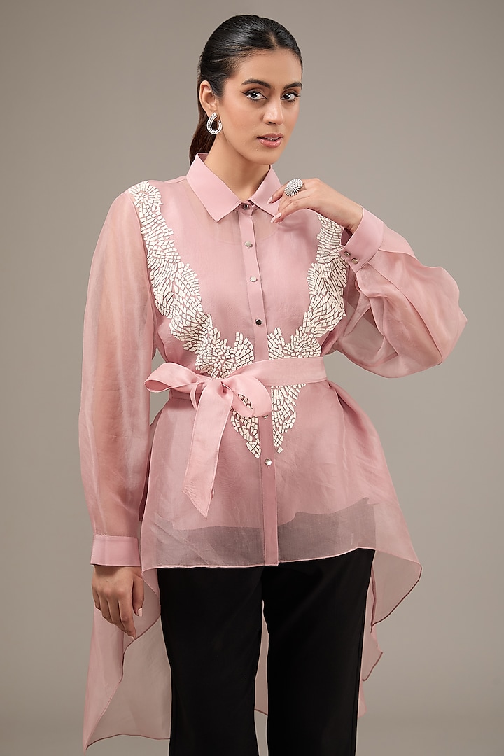 Mauve Organza Applique Embroidered Asymmetric Top by Rohit Gandhi & Rahul Khanna