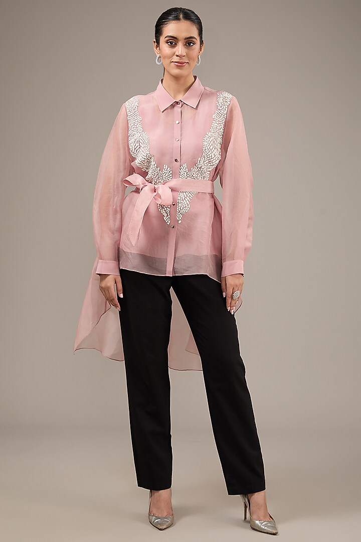 Mauve Organza Applique Embroidered Asymmetric Top by Rohit Gandhi & Rahul Khanna at Pernia's Pop Up Shop