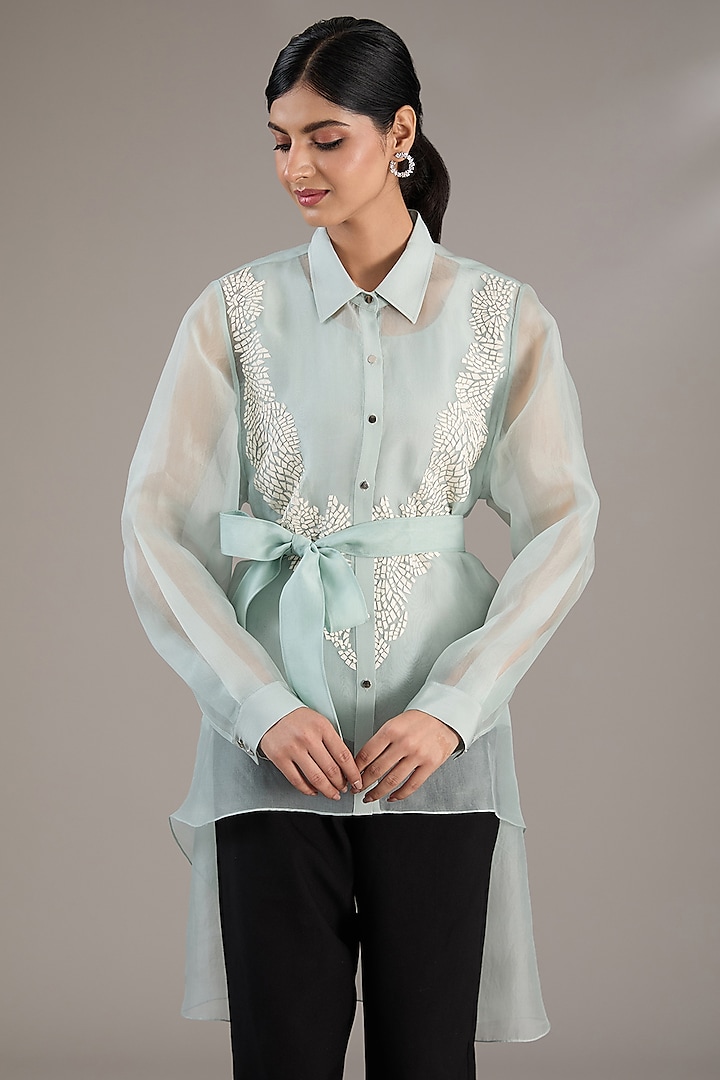 Aqua Blue Organza Asymmetrical Top by Rohit Gandhi & Rahul Khanna