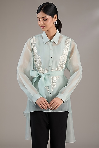 Aqua Blue Organza Asymmetrical Top by Rohit Gandhi & Rahul Khanna