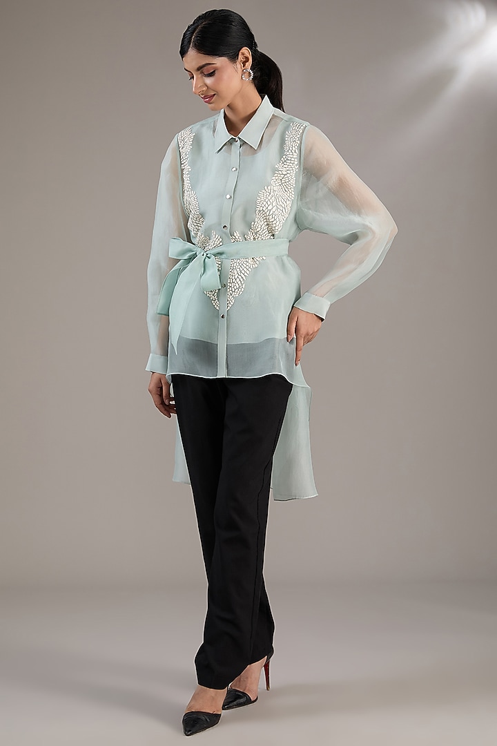 Aqua Blue Organza Asymmetrical Top by Rohit Gandhi & Rahul Khanna at Pernia's Pop Up Shop