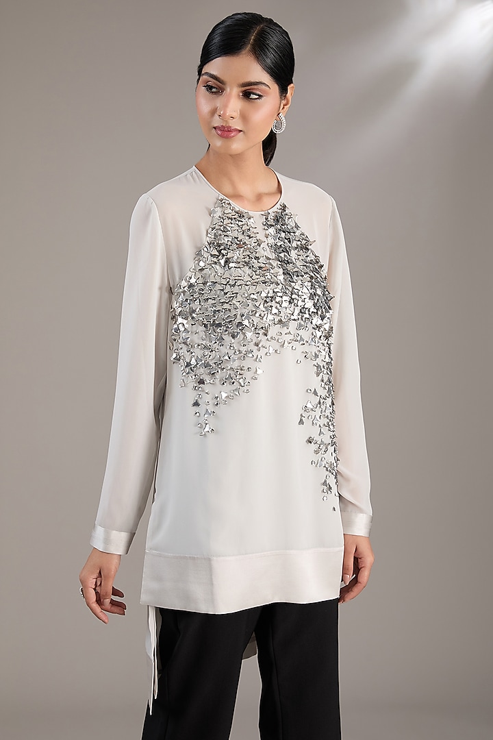 Silver-White Georgette Sequins Embellished Top by Rohit Gandhi & Rahul Khanna