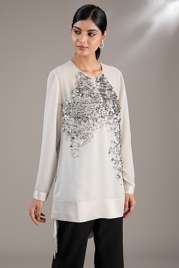 Silver-White Georgette Sequins Embellished Top by Rohit Gandhi & Rahul Khanna at Pernia's Pop Up Shop