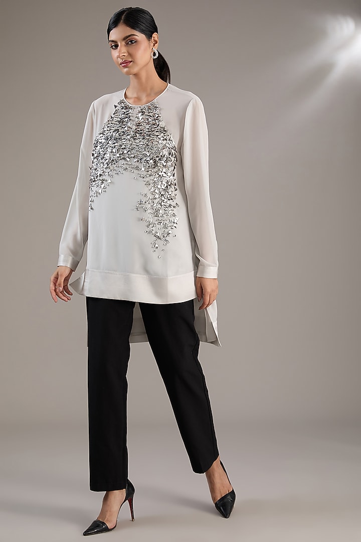 Silver-White Georgette Sequins Embellished Top by Rohit Gandhi & Rahul Khanna at Pernia's Pop Up Shop