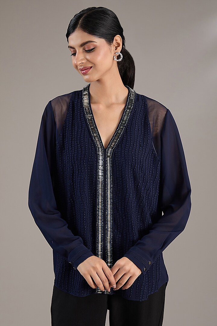 Navy Blue Georgette Sequins Embellished Top by Rohit Gandhi & Rahul Khanna