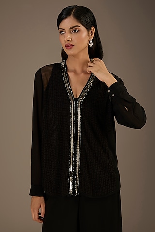 Black Georgette Applique Embroidered Top by Rohit Gandhi & Rahul Khanna