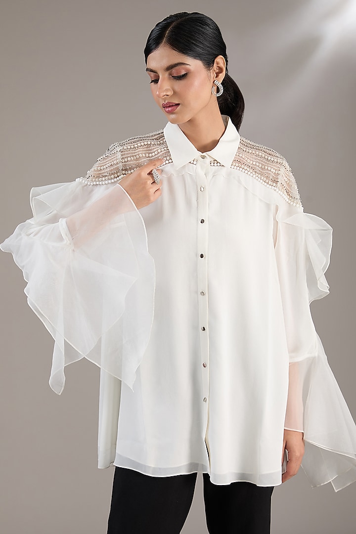 White Georgette Embellished Handcrafted Top by Rohit Gandhi & Rahul Khanna