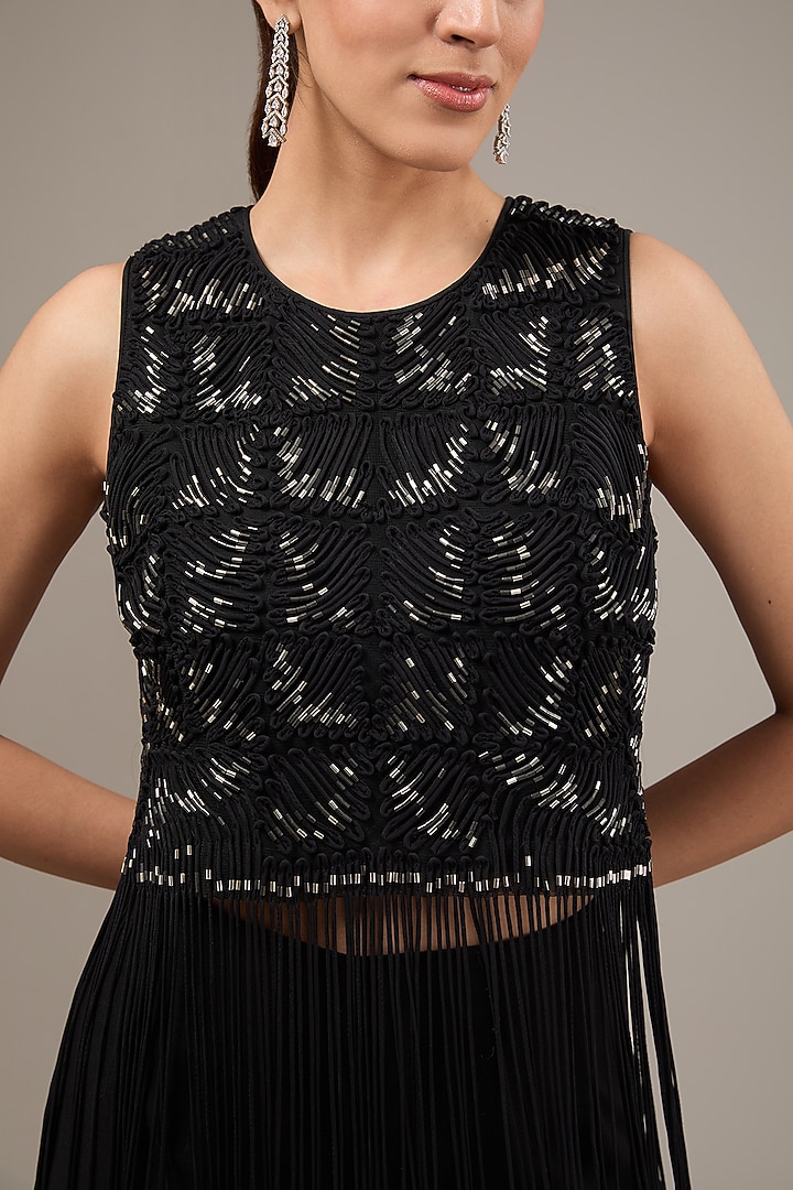 Black Crepe Crystal Fringe Top by Rohit Gandhi & Rahul Khanna at Pernia's Pop Up Shop