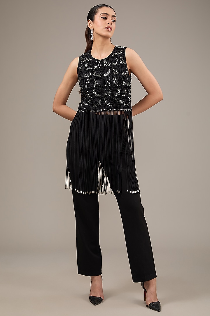 Black Crepe Crystal Fringe Top by Rohit Gandhi & Rahul Khanna at Pernia's Pop Up Shop