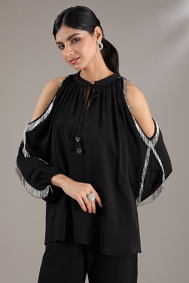 Black Polyester Crepe Handcrafted Top by Rohit Gandhi & Rahul Khanna