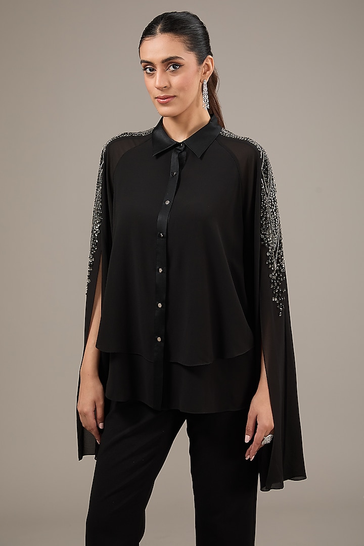 Black Poly Georgette Sequins Embellished Top by Rohit Gandhi & Rahul Khanna