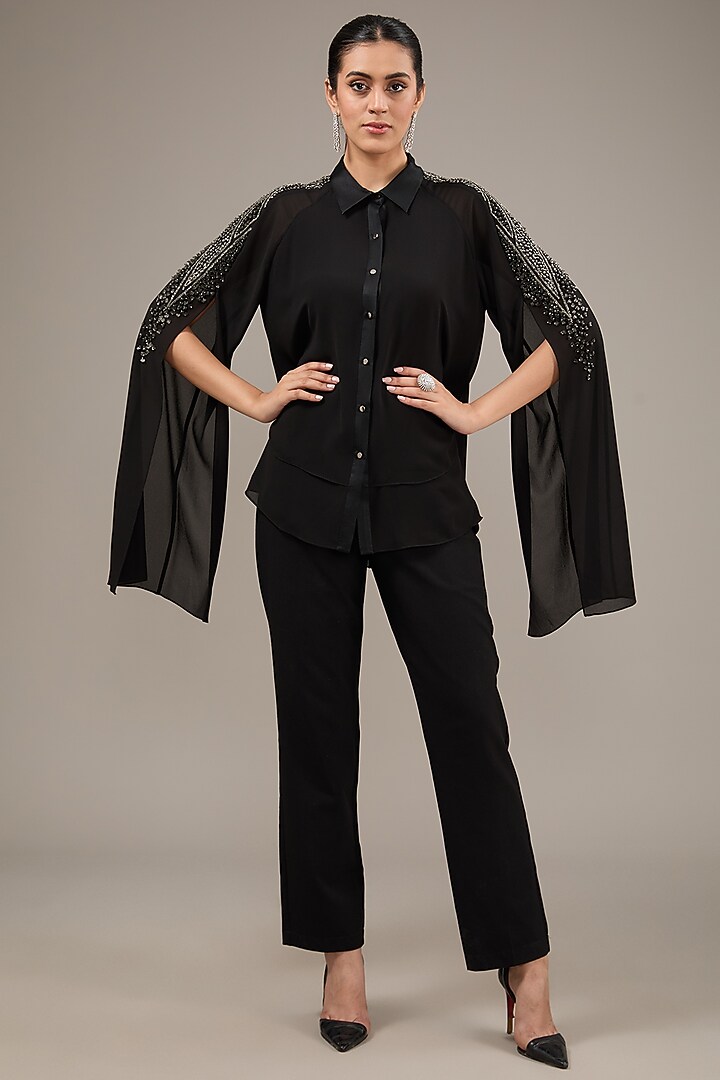Black Poly Georgette Sequins Embellished Top by Rohit Gandhi & Rahul Khanna at Pernia's Pop Up Shop