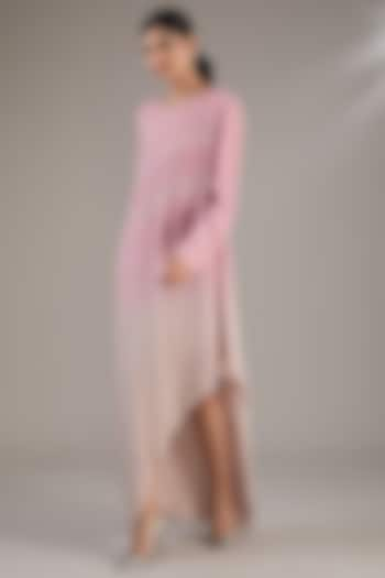 Rose Pink & Beige Ombre Crepe Polyester Long Top by Rohit Gandhi & Rahul Khanna