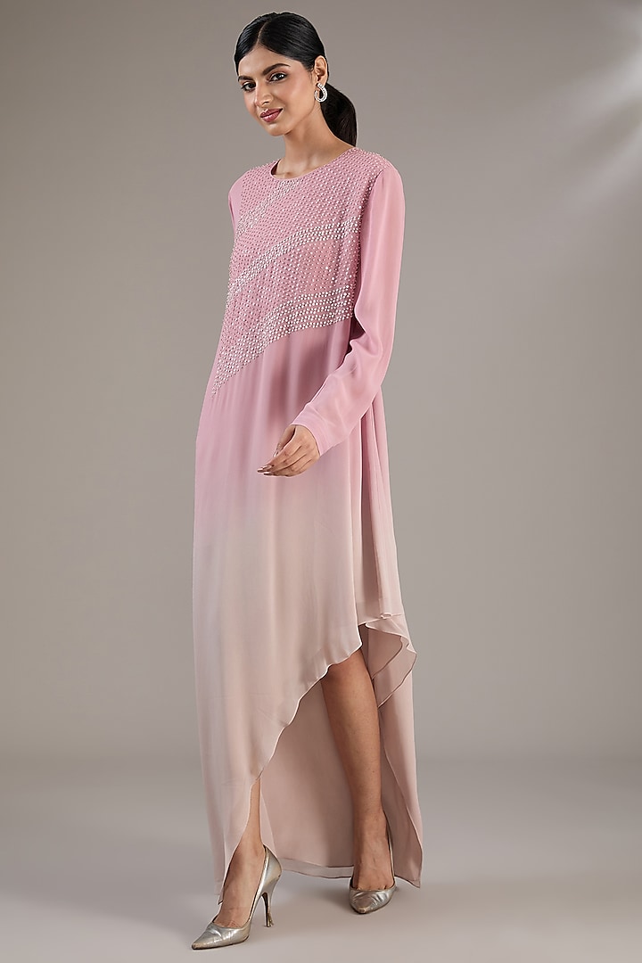 Rose Pink & Beige Ombre Crepe Polyester Long Top by Rohit Gandhi & Rahul Khanna
