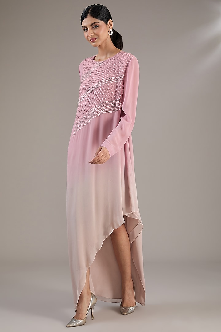 Rose Pink & Beige Ombre Crepe Polyester Long Top by Rohit Gandhi & Rahul Khanna at Pernia's Pop Up Shop