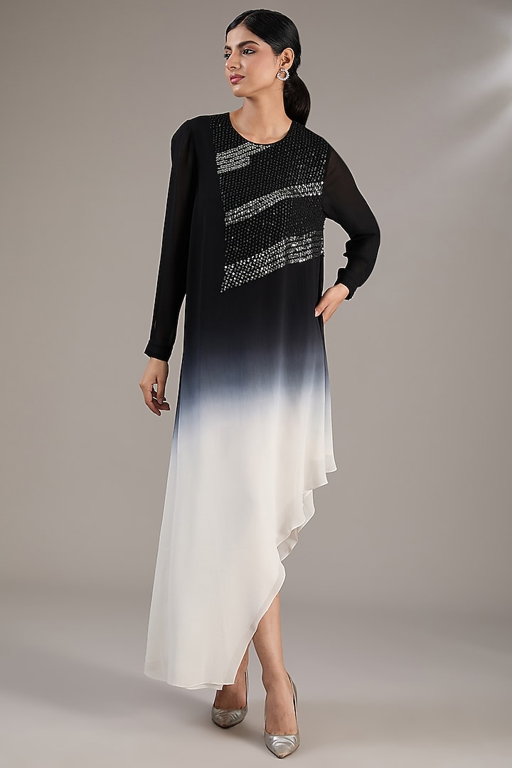 Black & White Ombre Crepe Polyester Long Top by Rohit Gandhi & Rahul Khanna