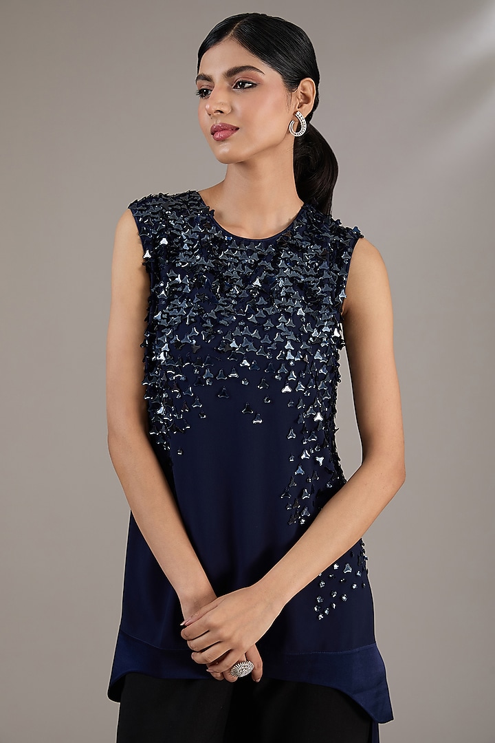 Navy Blue Georgette Sequins Embellished Top by Rohit Gandhi & Rahul Khanna