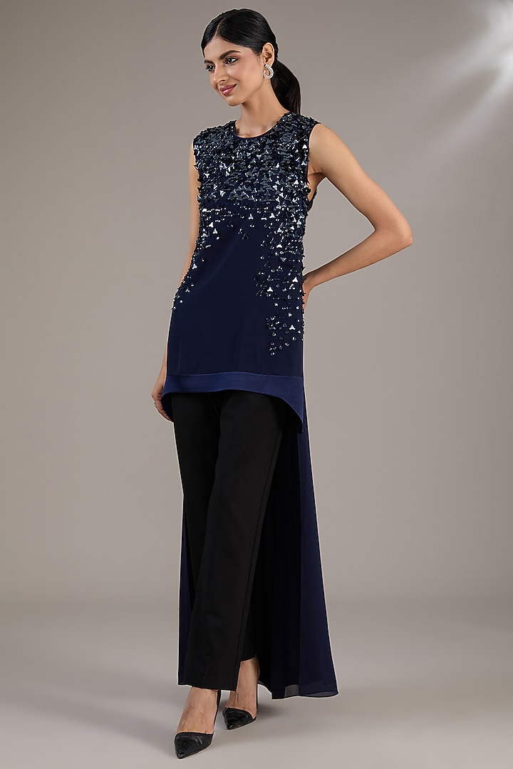 Navy Blue Georgette Sequins Embellished Top by Rohit Gandhi & Rahul Khanna at Pernia's Pop Up Shop