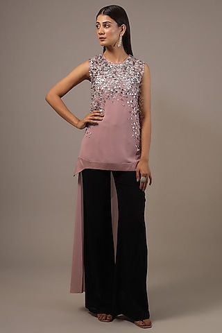 Pink Georgette Sequins Embellished Asymmetric Top by Rohit Gandhi & Rahul Khanna