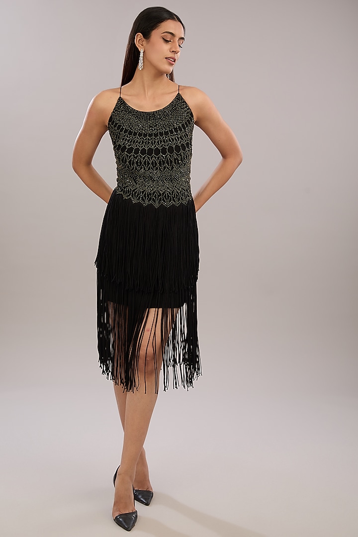 Black Crepe Metallic Embroidered Halter Top by Rohit Gandhi & Rahul Khanna