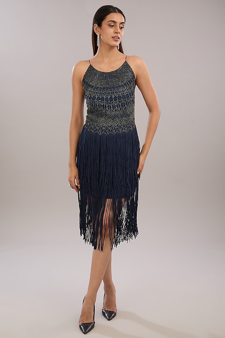 Navy Crepe Metallic Embroidered Halter Top by Rohit Gandhi & Rahul Khanna