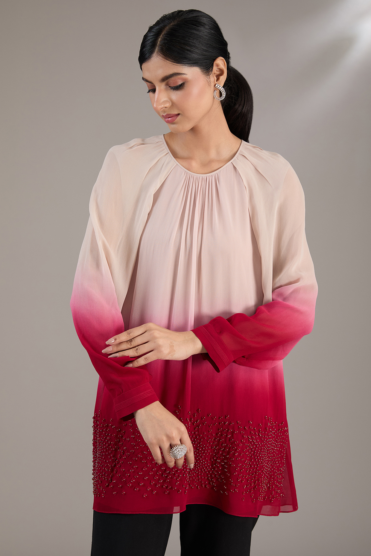 Beige & Coral Ombre Georgette Embroidered Top by Rohit Gandhi & Rahul Khanna at Pernia's Pop Up Shop
