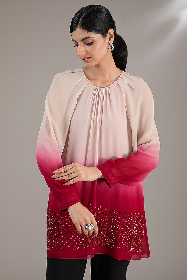 Beige & Coral Ombre Georgette Embroidered Top by Rohit Gandhi & Rahul Khanna