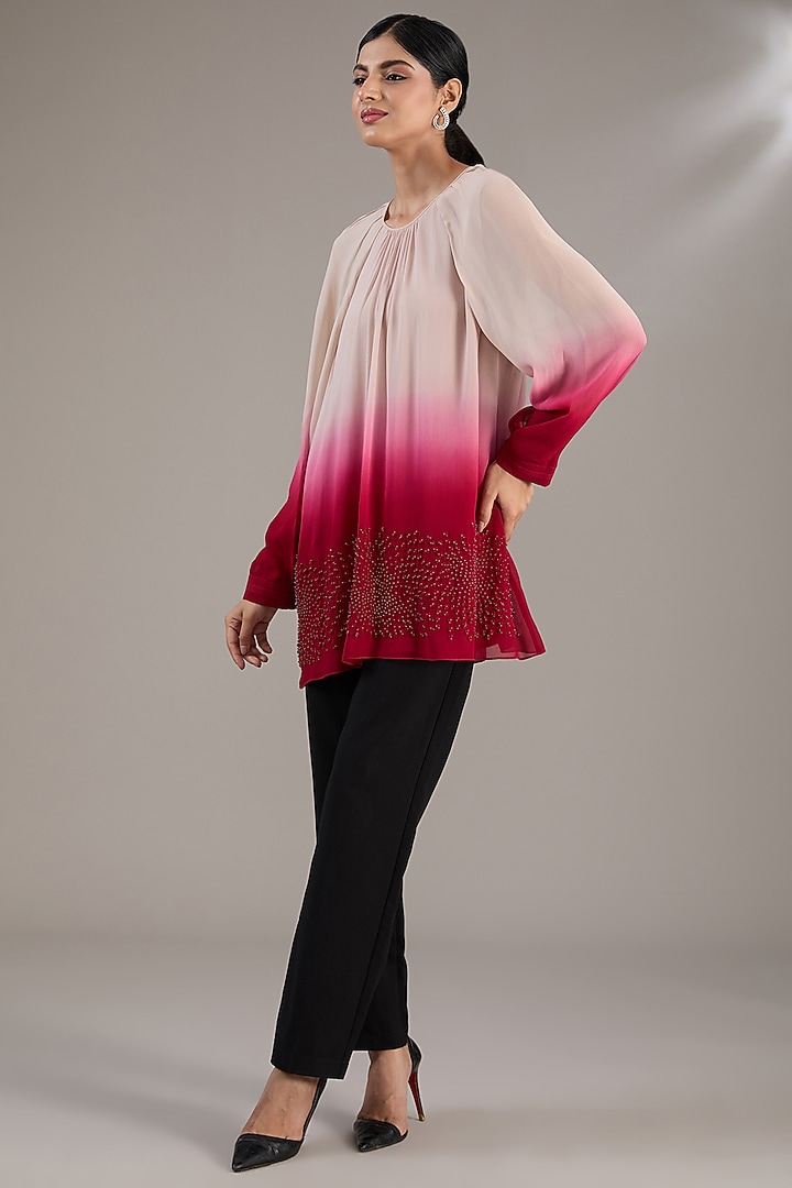 Beige & Coral Ombre Georgette Embroidered Top by Rohit Gandhi & Rahul Khanna at Pernia's Pop Up Shop