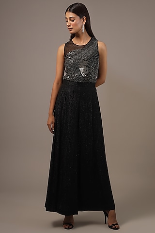Black Shimmer Georgette Embellished Jumpsuit by Rohit Gandhi & Rahul Khanna
