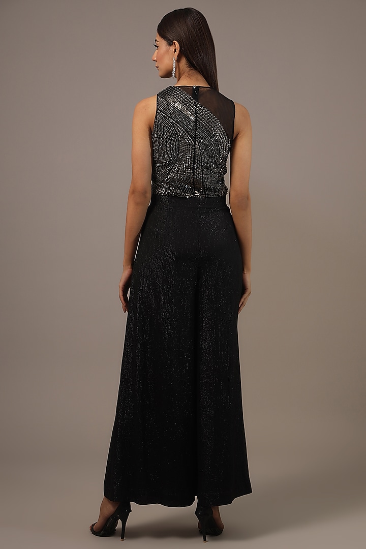 Black Shimmer Georgette Embellished Jumpsuit by Rohit Gandhi & Rahul Khanna at Pernia's Pop Up Shop