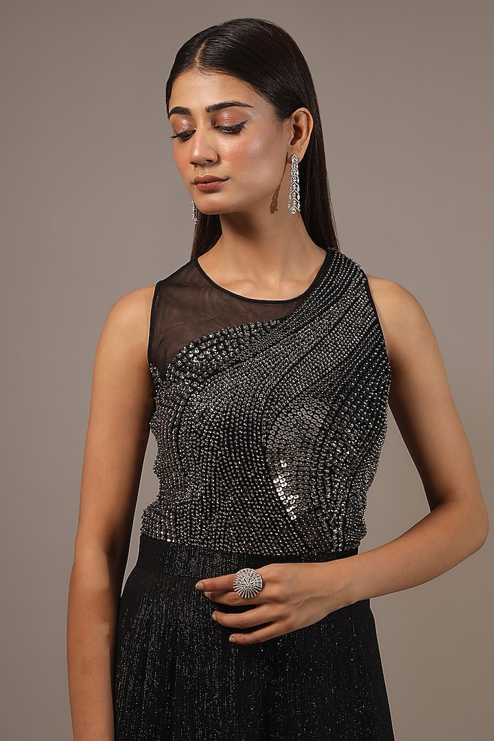 Black Shimmer Georgette Embellished Jumpsuit by Rohit Gandhi & Rahul Khanna at Pernia's Pop Up Shop