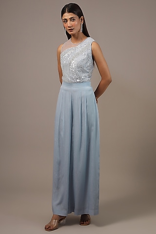 Sky Blue Shimmer Georgette Embellished Jumpsuit by Rohit Gandhi & Rahul Khanna