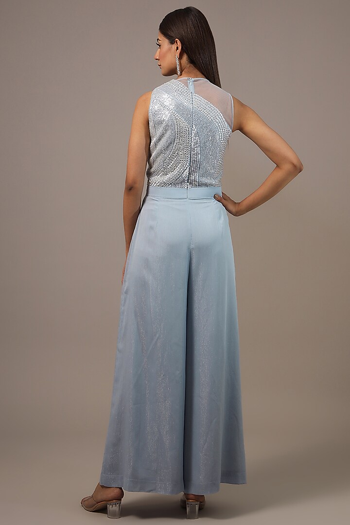 Sky Blue Shimmer Georgette Embellished Jumpsuit by Rohit Gandhi & Rahul Khanna at Pernia's Pop Up Shop