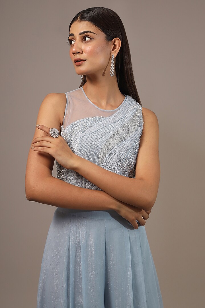 Sky Blue Shimmer Georgette Embellished Jumpsuit by Rohit Gandhi & Rahul Khanna at Pernia's Pop Up Shop