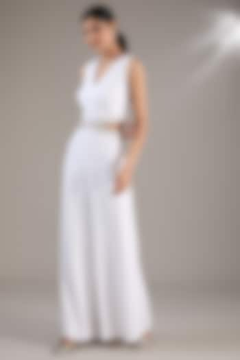 White Crepe Polyester Sequins Embellished Jumpsuit by Rohit Gandhi & Rahul Khanna at Pernia's Pop Up Shop