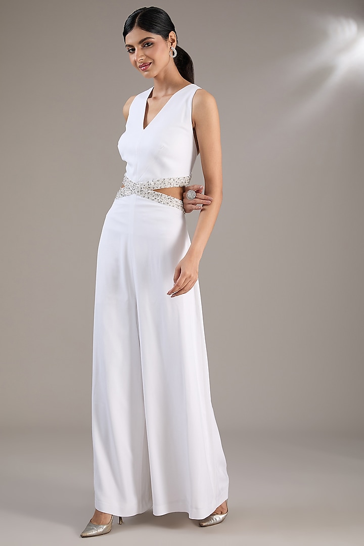 White Crepe Polyester Sequins Embellished Jumpsuit by Rohit Gandhi & Rahul Khanna