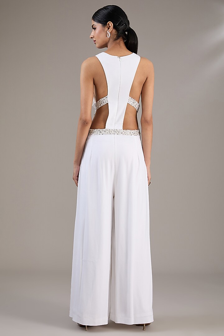 White Crepe Polyester Sequins Embellished Jumpsuit by Rohit Gandhi & Rahul Khanna at Pernia's Pop Up Shop