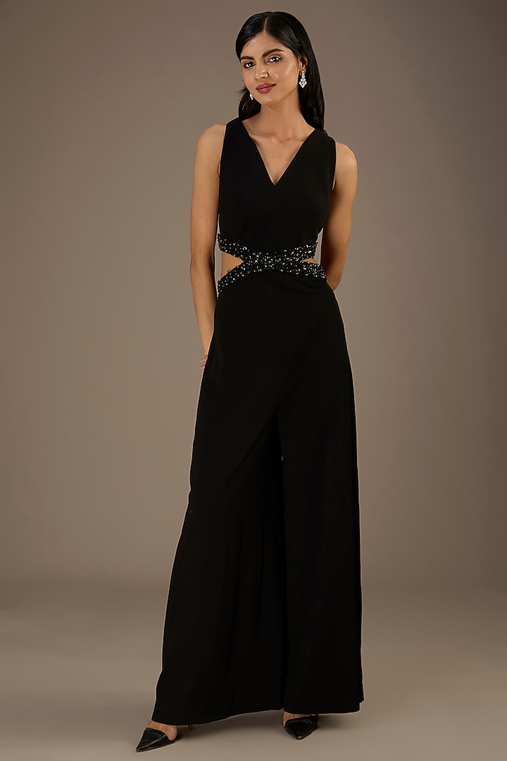 Black Crepe Polyester Embellished Cut-Out Jumpsuit by Rohit Gandhi & Rahul Khanna at Pernia's Pop Up Shop