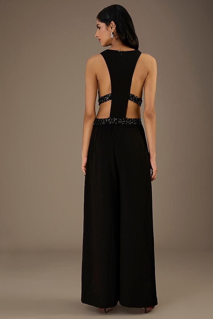 Black Crepe Polyester Embellished Cut-Out Jumpsuit by Rohit Gandhi & Rahul Khanna at Pernia's Pop Up Shop