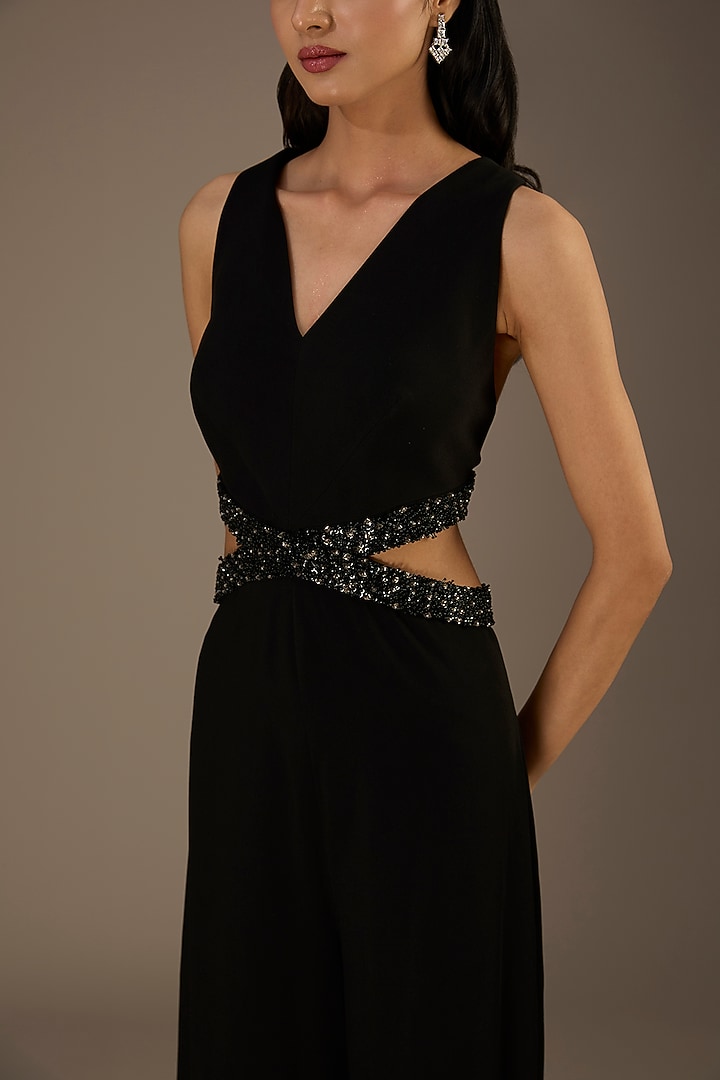 Black Crepe Polyester Embellished Cut-Out Jumpsuit by Rohit Gandhi & Rahul Khanna at Pernia's Pop Up Shop